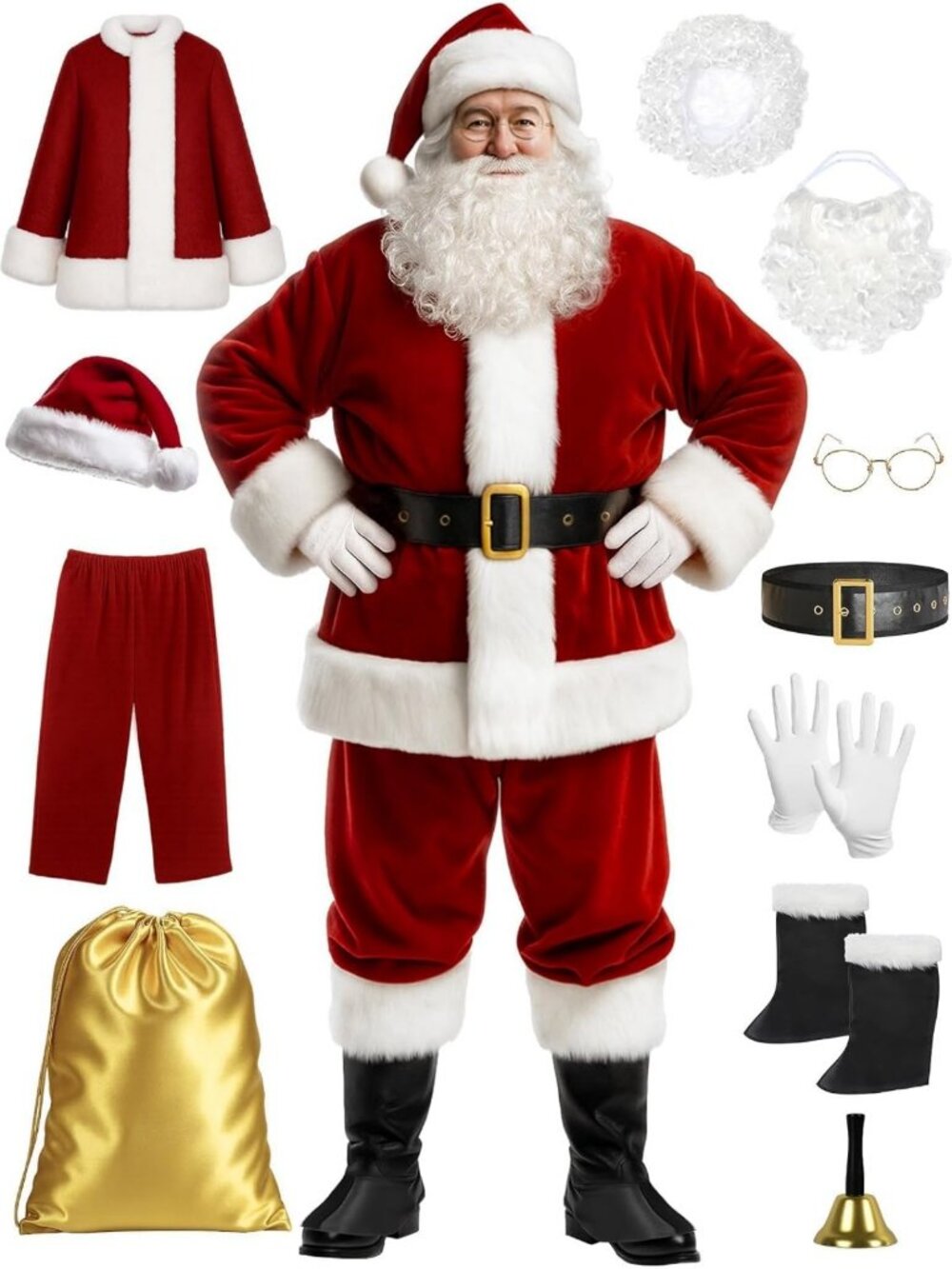 Deluxe Santa Claus Costume for Men - 11pcs Christmas Outfit, Xmas Cosplay Suit
